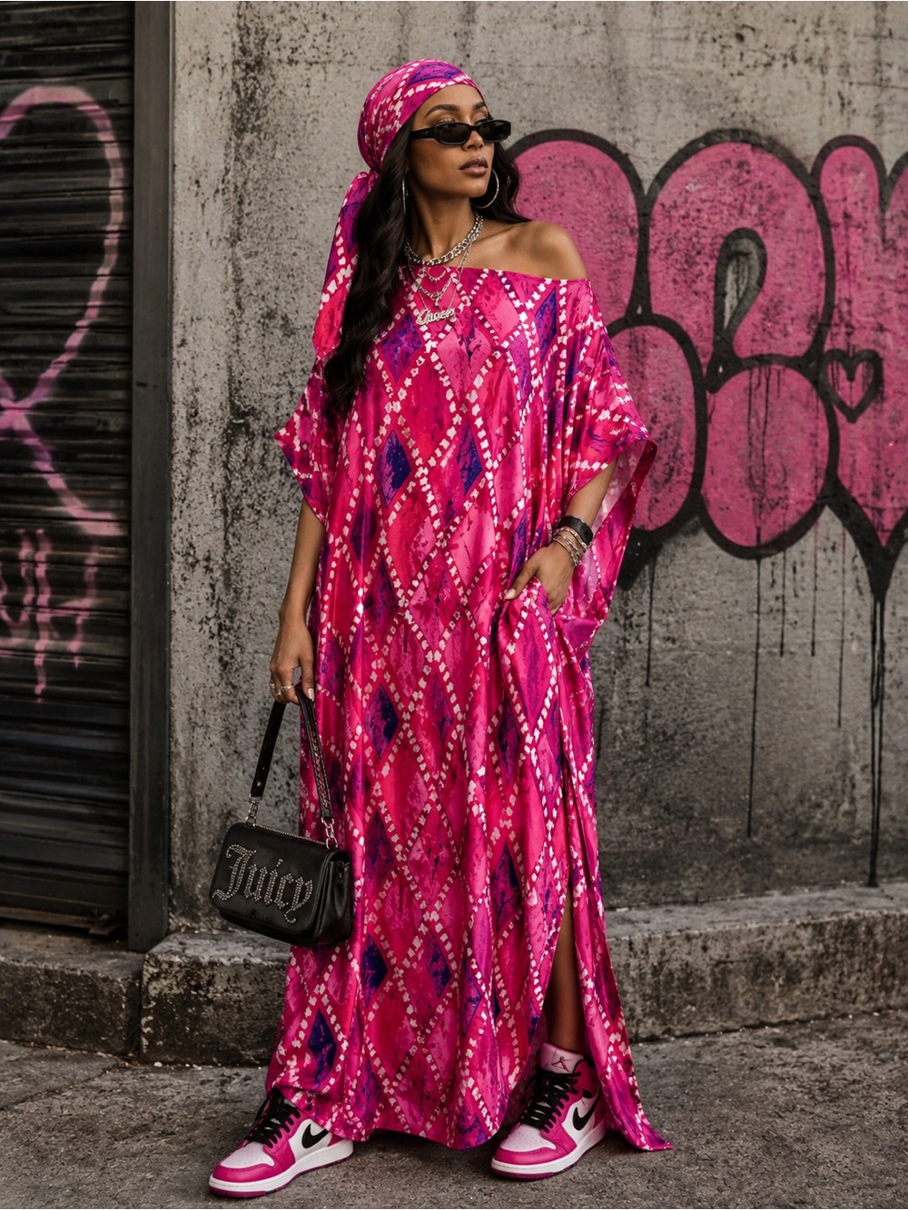 Hot Pink Boho Luxe Kaftan Maxi Dress Set w/ Matching Scarf | Off the Shoulder